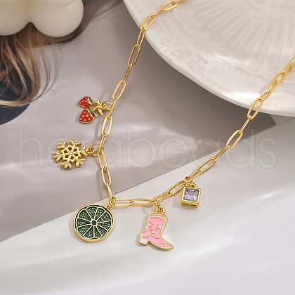 Brass Pave Cubic Zirconia Enamel Strawberry Snowflake Pendant Necklaces for Women Vacation WS8351-1-1