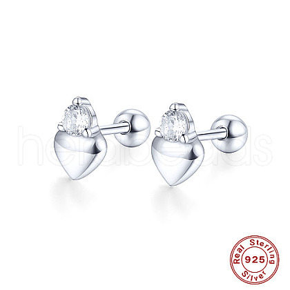 Rhodium Plated 925 Sterling Silver Heart Stud Earring with Cubic Zirconia KB6220-1-1