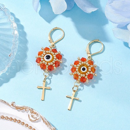 Evil Eye with Cross 304 Stainless Steel Glass Seed Beads Leverback Earrings EJEW-MZ00420-03-1