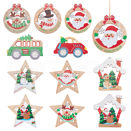 CHGCRAFT 22Pcs 11 Style Christmas Theme Natural Wood Big Pendants WOOD-CA0001-51-1