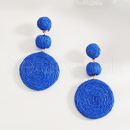 Flat Round Alloy Raffia Dangle Stud Earrings FS-WG4F3C4-03-1