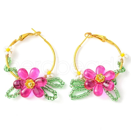 Woven Glass Leaf Huggie Hoop Earring EJEW-MZ00235-04-1