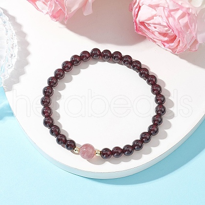 Round Natural Grade AAAA Garnet & Strawberry Quartz Beads Stretch Bracelets for Women BJEW-JB11825-02-1