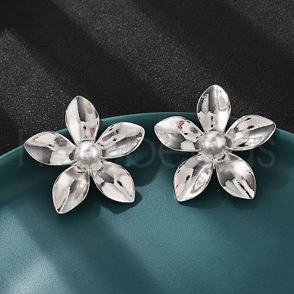 Brass ABS Plastic Imitation Pearl Flower Stud Earrings EJEW-S258-02P-1