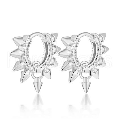 Anti-Tarnish Rhodium Plated 925 Sterling Silver Spike Punk Huggie Hoop Earrings NR6659-1-1