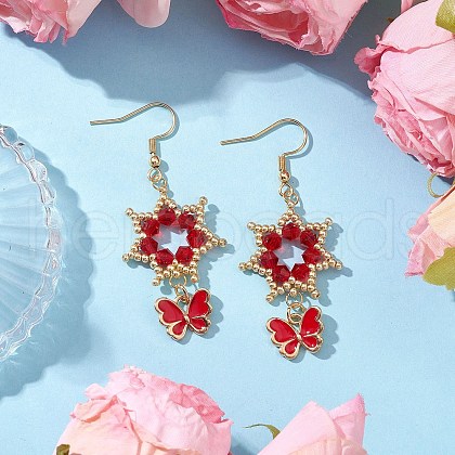 Flower with Butterfly 304 Stainless Steel Glass Seed Beads Dangle Earrings EJEW-MZ00417-05-1