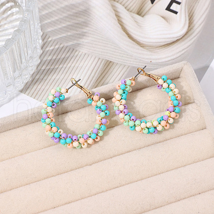 Bohemian Style Iron Glass Seed Beaded Hoop Earrings FS-WG64163-02-1