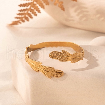 Leaf 304 Stainless Steel Cuff Bangles for Women BJEW-U032-09G-1