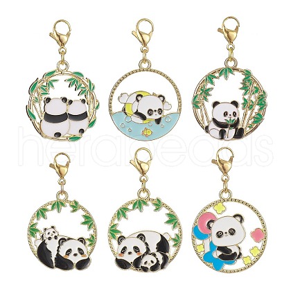 Round Ring with Panda Alloy Enamel Pendant Decorations HJEW-JM01042-1