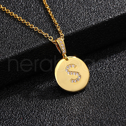 Brass Micro Pave Clear Cubic Zirconia Flat Round with Letter Pendant Necklaces FS-WG00655-19-1