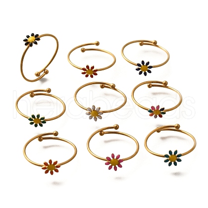 Daisy 304 Stainless Steel Enamel Open Cuff Rings for Women RJEW-M061-01G-M-1