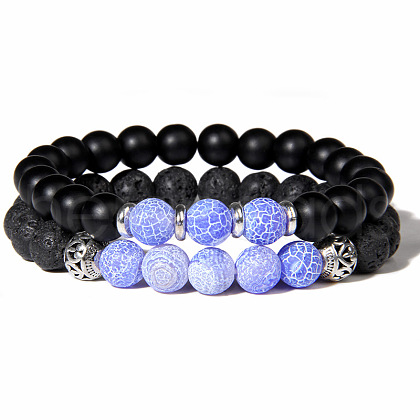 Natural Lava Rock & Frosted Stone Round Beads Stretch Bracelet Set Women DF9720-5-1