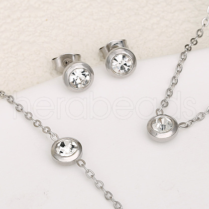 Flat Round 304 Stainless Steel Pave Clear Cubic Zirconia Link Bracelets & Stud Earrings & Pendant Necklaces FS-WG23E56-02-1