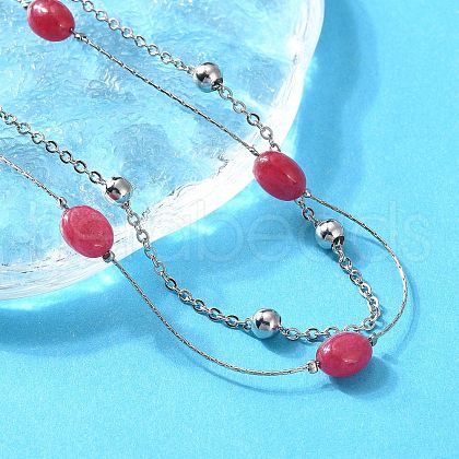 304 Stainless Steel & Dyed Natural Malaysia Jade Double Layer Necklaces for Women NJEW-A045-19P-1