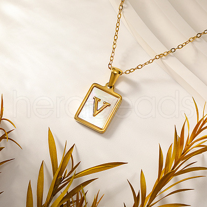 Rectangle Stainless Steel Pave Natural White Shell Initial Pendant Necklaces for Women FS-WGB5EDA-22-1