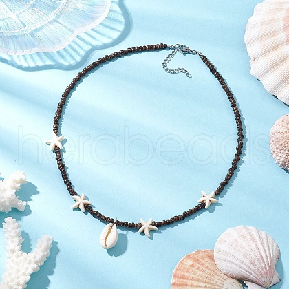 Summer Beach Synthetic Turquoise Starfish & Natural Cowrie Shell Pendant Necklaces NJEW-JN05207-1