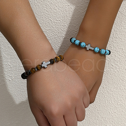 2Pcs 2 Styles Matte Natural Black Obsidian & Tiger Eye & Synthetic Turquoise Round Beads Stretch Bracelets IH5408-1