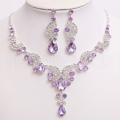 Teardrop & Moon Alloy Rhinestone Pendant Necklace & Stud Dangle Earring FS-WG0A8BD-03-1