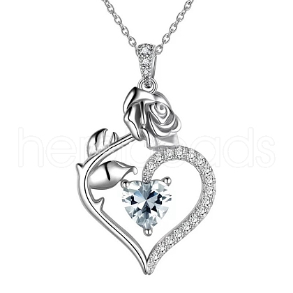 Rhodium Plated 925 Sterling Silver Pave Cubic Zirconia Rose Heart Birthstone Pendant Cable Chain Necklaces PW-WGEE50C-04-1