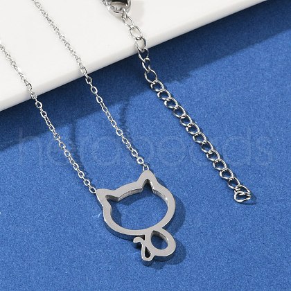 304 Stainless Steel Cat Outline Pendant Necklaces for Women NJEW-F339-03P-1