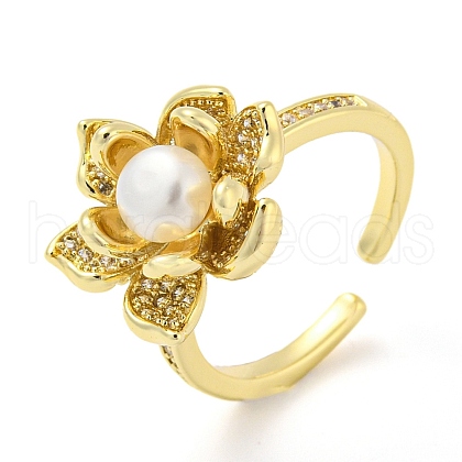 Natural Pearl Lotus Open Cuff Ring with Rhinestone RJEW-H220-17G-1