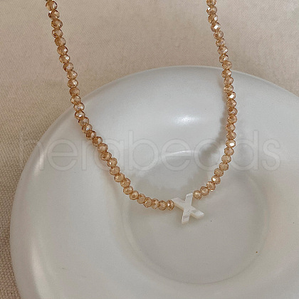 Natural Shell Initial Pendant Glass Beaded Pendant Necklaces FS-WG76541-24-1