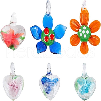 SUNNYCLUE 6Pcs 6 Style Handmade Luminous Lampwork Pendants LAMP-SC0001-19-1