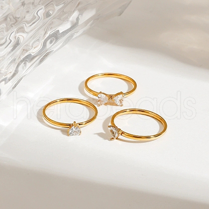 3Pcs 304 Stainless Steel Micro Pave Cubic Zirconia Ring Sets RJEW-S625-02G-1