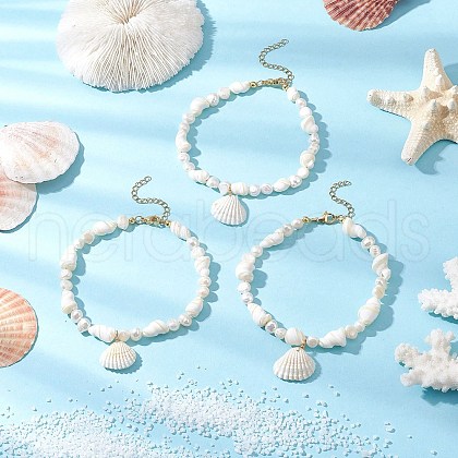 Summer Beach Natural Clam Shell Charm Anklets AJEW-AN00685-1