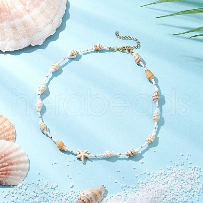 Synthetic Turquoise Starfish & Natural See Shell & Glass Seed Beaded Summer Beach Necklaces NJEW-TA00191-1