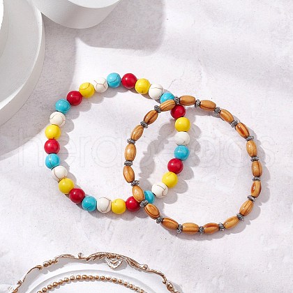 2Pcs 2 Styles Round Synthetic Dyed Turquoise Beads and Oval Wood Beads Stretch Braclet Set BJEW-JB11539-1