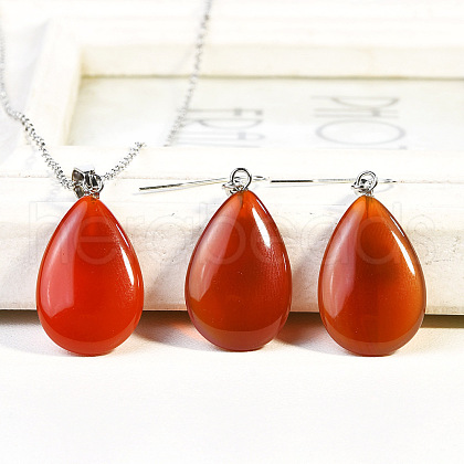 Teardrop Natural Carnelian Pendant Necklaces & Dangle Earrings Sets FS-WGAC060-05-1
