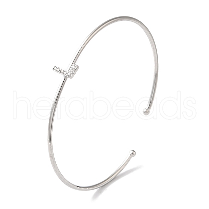 Rack Plating Brass Micro Pave Clear Cubic Zirconia Letter Open Cuff Bangles BJEW-A018-01P-L-1