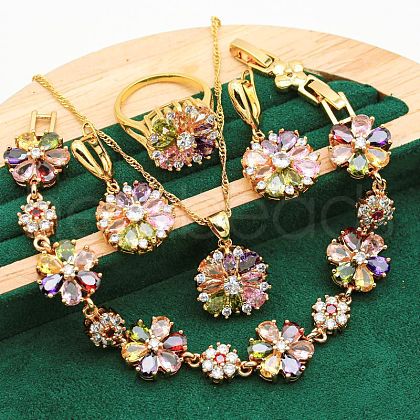 Flower Brass Pave Cubic Zirconia Pendant Necklaces & Earring & Ring & Link Bracelets Sets for Women FS-WGF337B-03-1