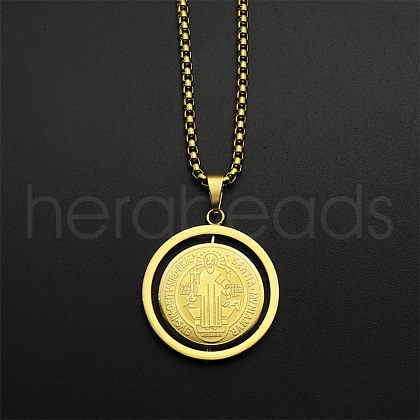 Flat Round with Saint Benedict Pattern 304 Stainless Steel Rotatable Pendant Necklaces for Men FS-WG430D2-02-1