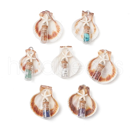 7Pcs 7 Styles Natural Scallop Shell & Dyed Synthetic Turquoise Starfish Pendants PALLOY-JF03564-02-1