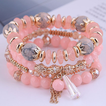 4Pcs 4 Styles Bohemian Style Alloy Glass Round Beaded Stretch Bracelets FS-WG80D8B-09-1