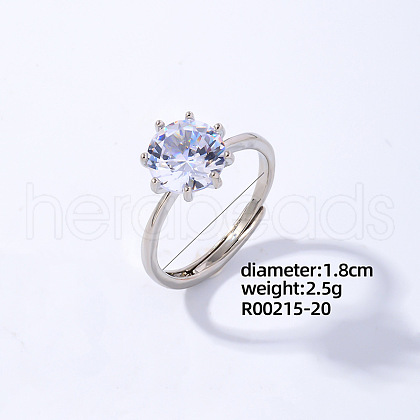 Mother's Day Rings Flat Round Platinum Brass Adjustable Ring with Cubic Zirconia EG7863-16-1