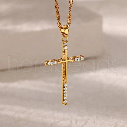 304 Stainless Steel Micro Pave Clear Cubic Zirconia Pendant Necklaces for Women NJEW-U047-01A-G-1