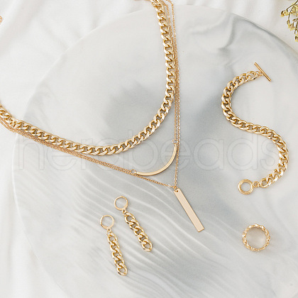 Rectangle Iron & Aluminum & Zinc Alloy Multilayer Necklace & Curb Chain Bracelet & Ring & Earring  Sets FS-WG47193-03-1
