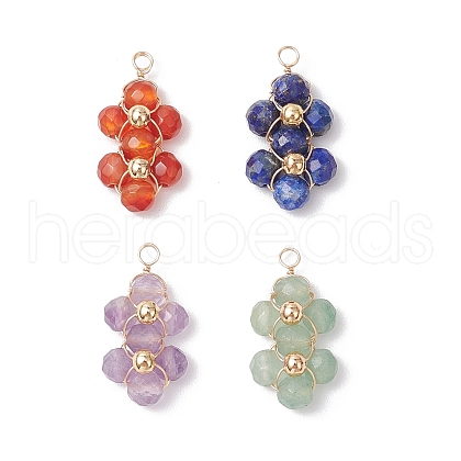 4Pcs 4 Styles Natural Amethyst & Agate & Green Aventurine & Lapis Lazuli Faceted Round Beaded Flower Pendants PALLOY-TA00256-1