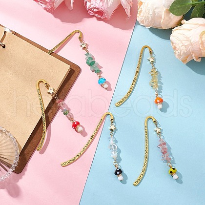 Natural Green Aventurine & Citrine & Cherry Quartz & Synthetic Hematite & Opalite Chips Beads & Mushroom Lampwork Charm Bookmarks AJEW-JK00376-1