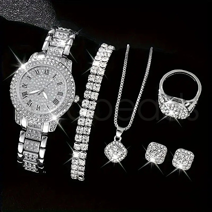 Rhombus Alloy Crystal Rhinestone Pendant Necklace & Stud Earring & Chain Bracelet & Ring & Watch Sets FS-WGDE407-02-1