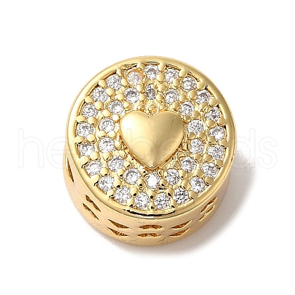 Flat Round with Heart Pattern Rack Plating Brass Micro Pave Cubic Zirconia European Beads KK-G511-03G-1