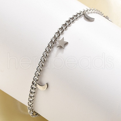 304 Stainless Steel Moon & Star Charm Bracelets BJEW-R021-05P-1