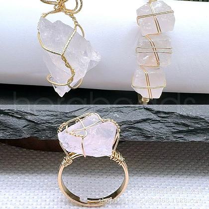 Wire Wrapped Nuggets Natural Quartz Crystal Pendant Necklace & Cuff Bangle & Rings Sets FS-WG99384-02-1