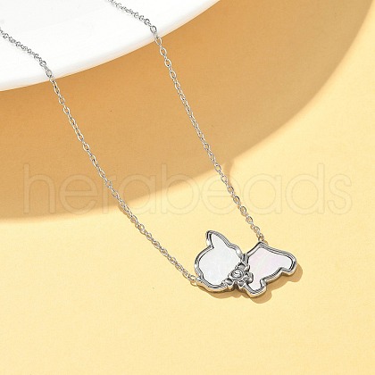 304 Stainless Steel Pave Natural White Shell Cute Cat Shaped Pendant Necklaces for Women NJEW-M101-01P-1