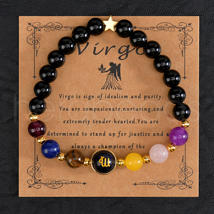12 Zodiac Sign Natural Black Obsidian Round Beads Stretch Bracelets for Men Women WG228FC-11-1