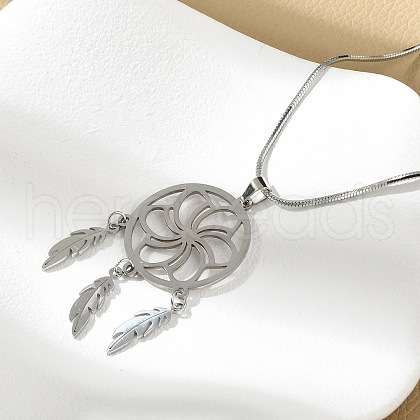 Bohemian 304 Stainless Steel Flower Woven Web/Net with Feather Pendant Necklaces NJEW-P327-07P-B-1