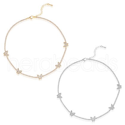 FIBLOOM 2Pcs 2 Style Stainless Steel & Brass Butterfly Pendant Necklaces Set with Crystal Rhinestone Tennis Chains NJEW-FI0001-41-1